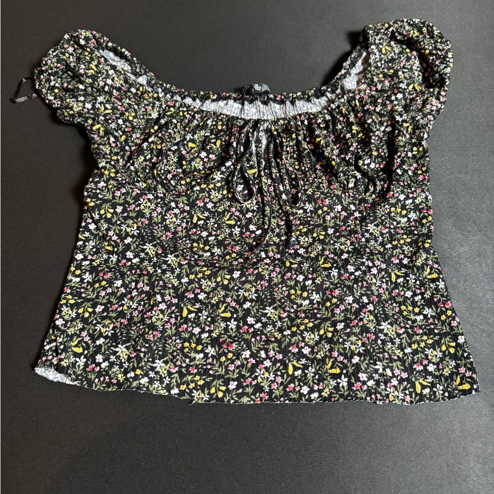 Love Tree Black Floral Smocked Off-Shoulder Crop Top Cottagecore Vintage